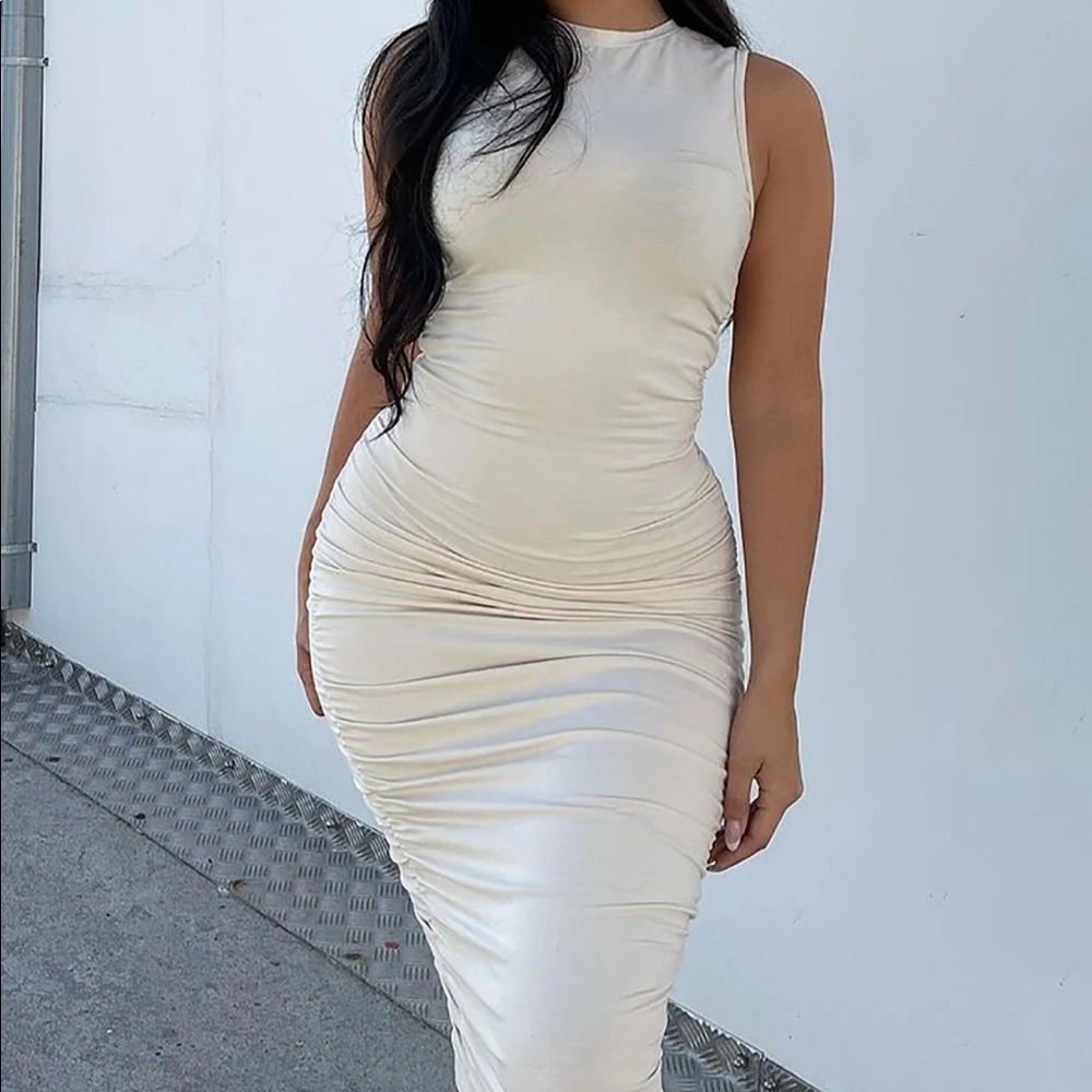 Nude ruched high neck/ mock neck midi dress